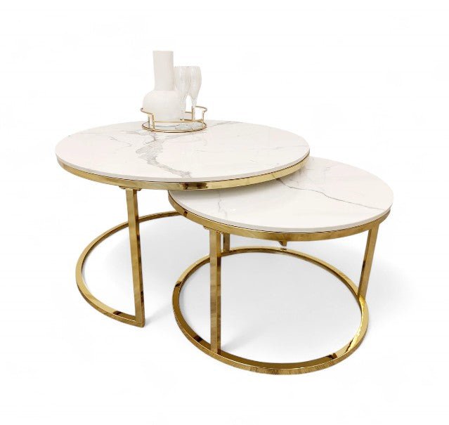 Cato Nest of 2 Gold & White Sintered Stone Tops Coffee Tables