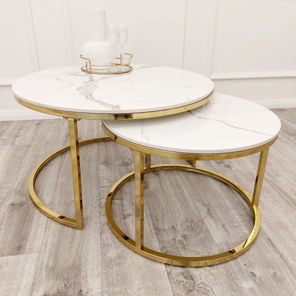 Cato Nest of 2 Gold & White Sintered Stone Tops Coffee Tables