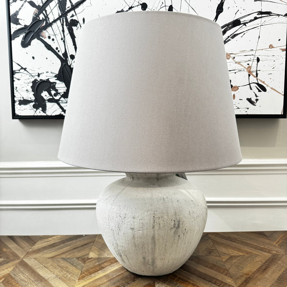 Darcy Antique White Round Table Lamp With Linen Shade