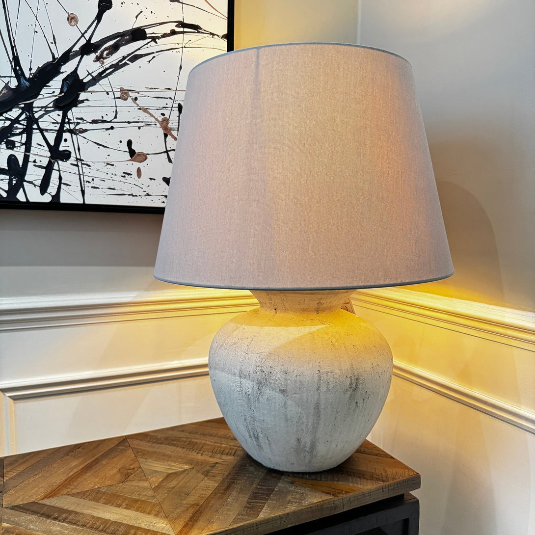 Darcy Antique White Round Table Lamp With Linen Shade