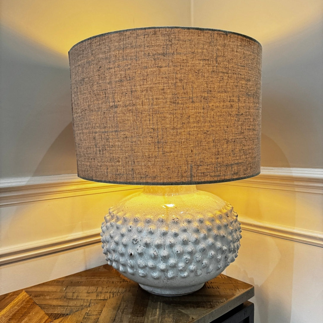 Glass Urn Table Lamp With White Linen Shade