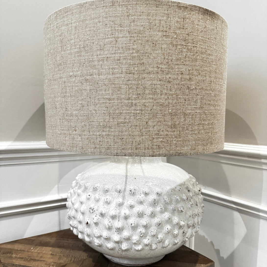 Glass Urn Table Lamp With White Linen Shade