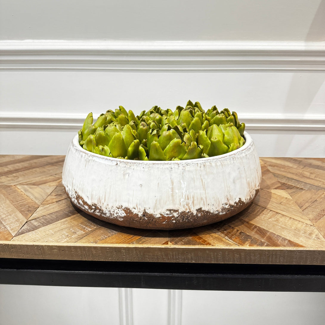 Large Aged Cream Terracotta Bowl Dark Brown
