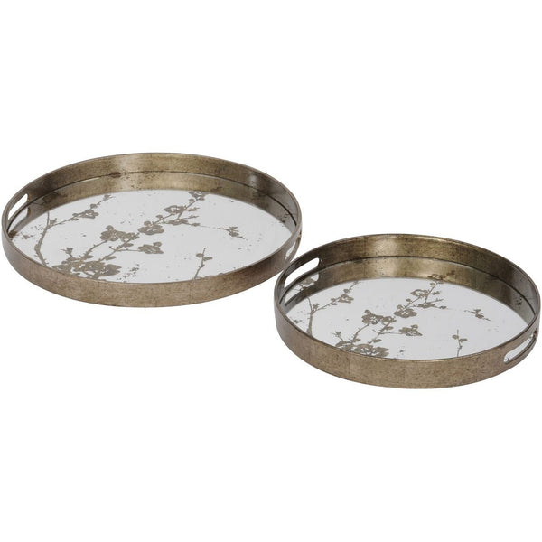 Set Of 2 Antique Gold Blossom Trays