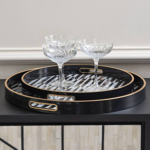 Set of Two Black And Antique Gold Geometric Pattern Trays