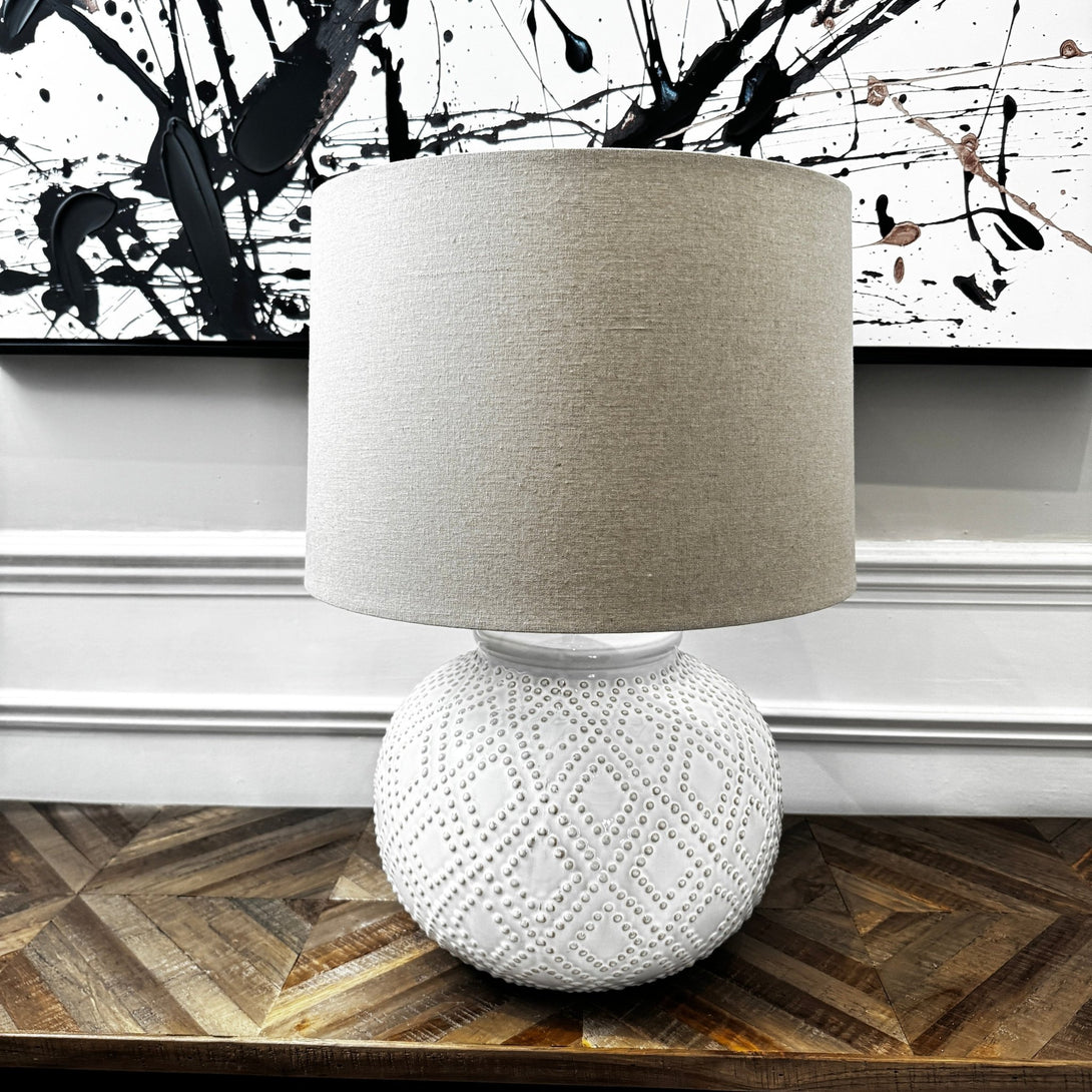 Squat White Beaded Ceramic Lamp With Linen Shade