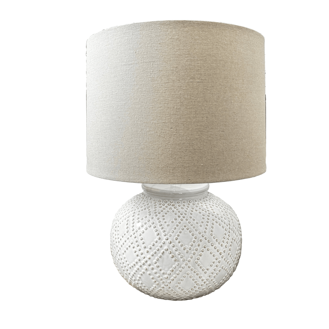 Squat White Beaded Ceramic Lamp With Linen Shade
