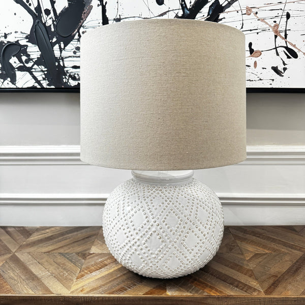 Squat White Beaded Ceramic Lamp With Linen Shade