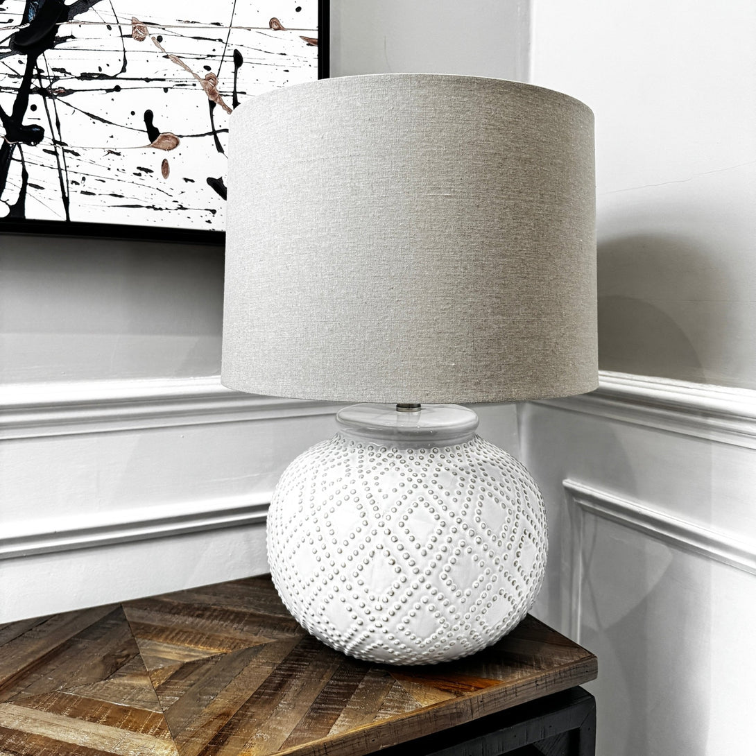 Squat White Beaded Ceramic Lamp With Linen Shade