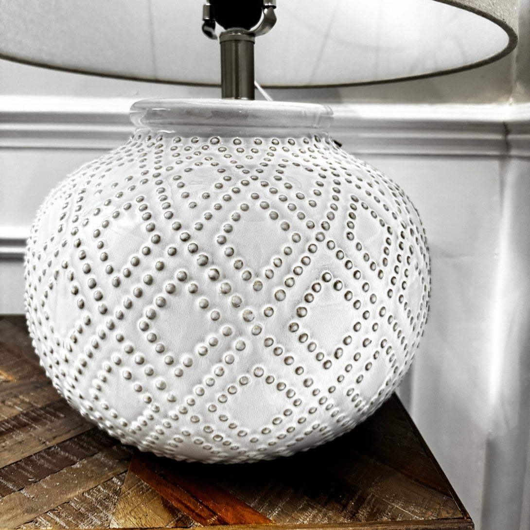 Squat White Beaded Ceramic Lamp With Linen Shade