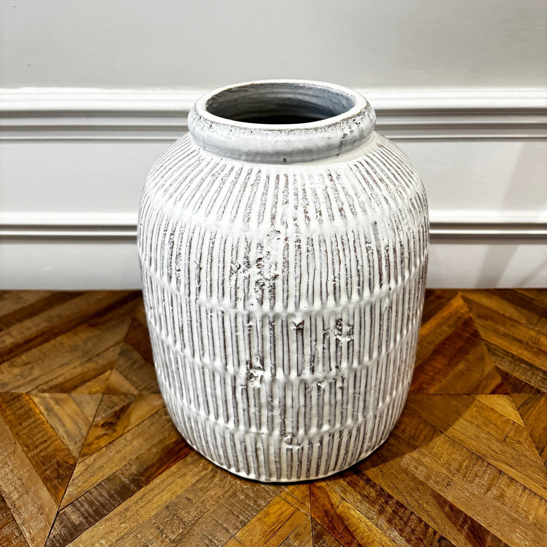 White Terracotta Ridge Vase
